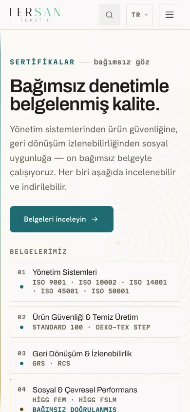 Sertifikalar — ISO · OEKO-TEX · GRS — Fersan Tekstil