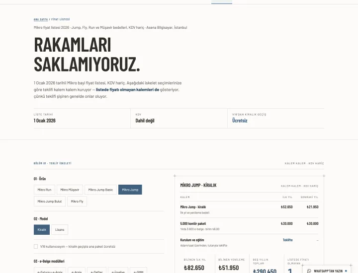 Mikro fiyat listesi 2026 · Jump, Fly, Run ve Müşavir bedelleri, KDV hariç · Asen — mikroyazilimdestek.com